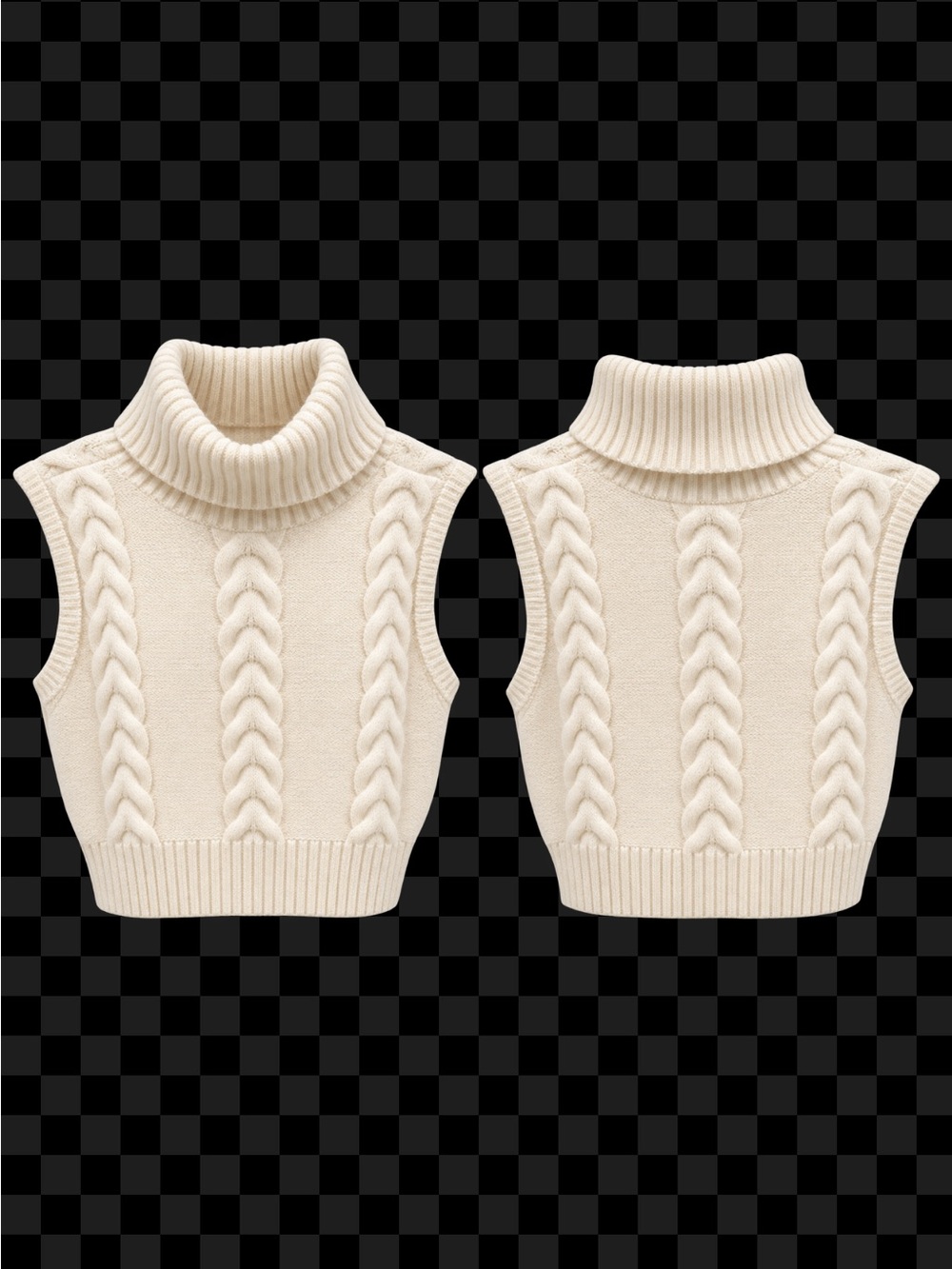 Sleeveless Cable Knit Turtleneck Vest - Cream